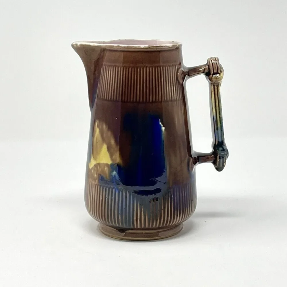 Majolica George Jones Creamer Syrup Pitcher Jug Antique Brown Blue Glaze Pink 5”